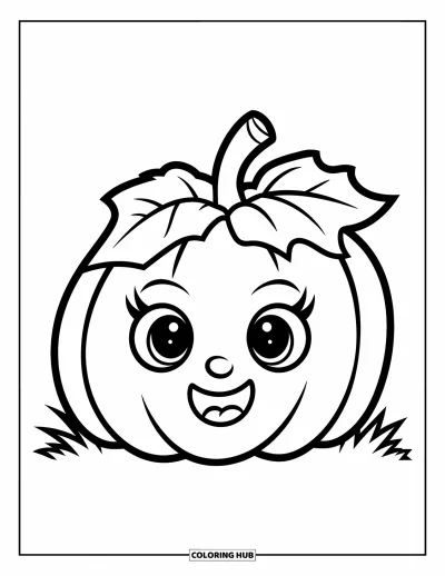 Coloriage de récolte pour enfants : Une citrouille avec une grande feuille sourit dans un champ verdoyant