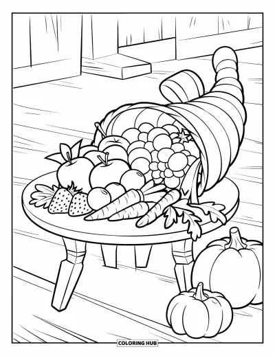 Coloriage de récolte pour enfants : Une corne d'abondance ornée d'un ruban avec des fruits, des légumes et des citrouilles posée sur une table en bois
