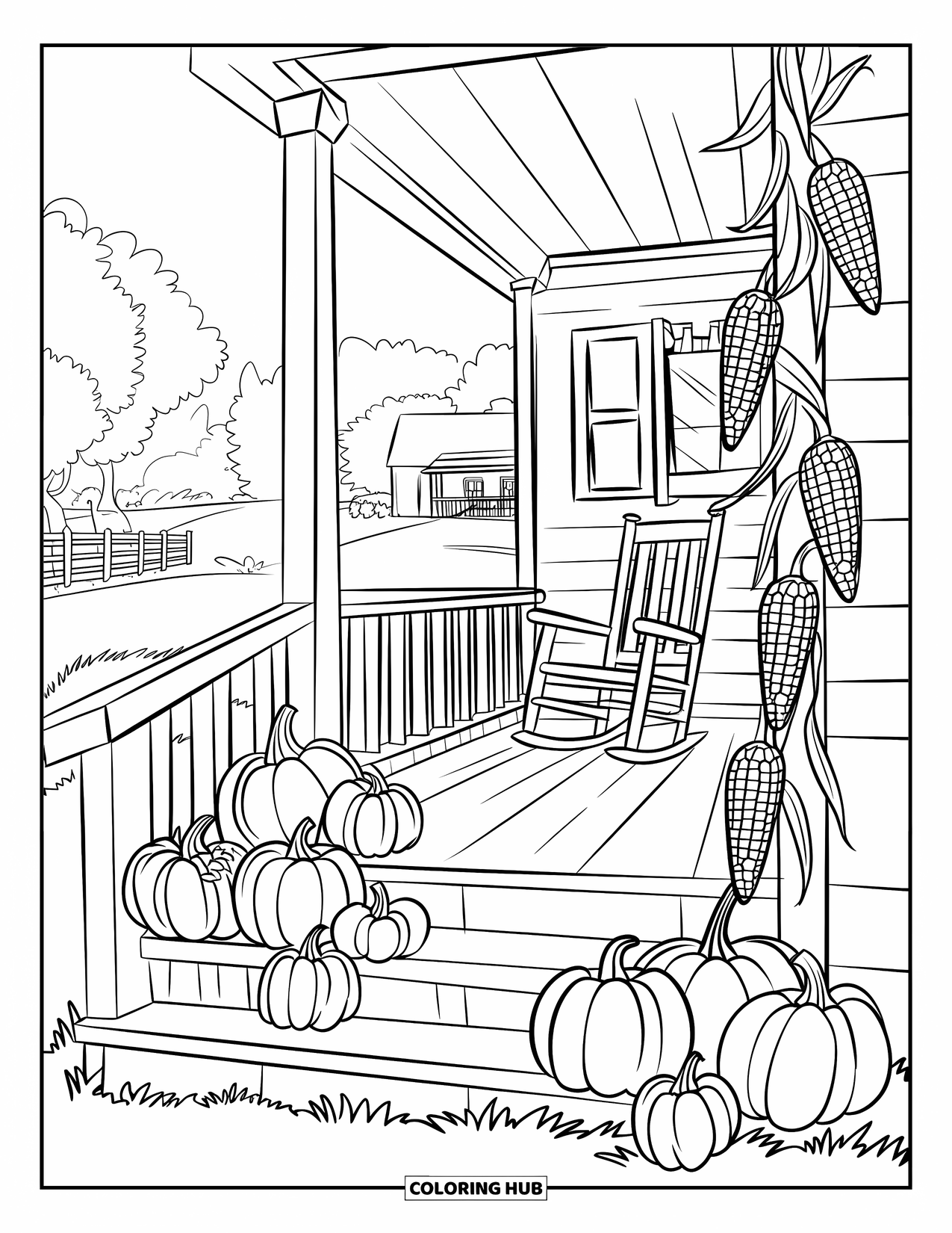 Harvest Coloring Page for Kids: A rocking chair rests on a porch with pumpkins, cornstalks, trees, and a fence