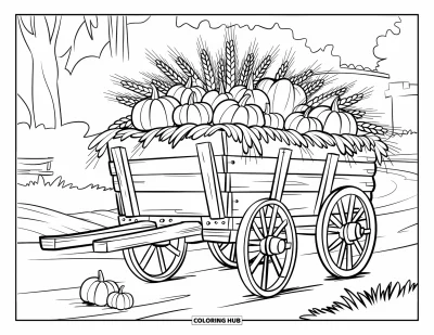 Coloriage de récolte pour enfants : Une charrette rustique chargée de blé et de citrouilles sur un chemin de terre avec des arbres et un bâtiment