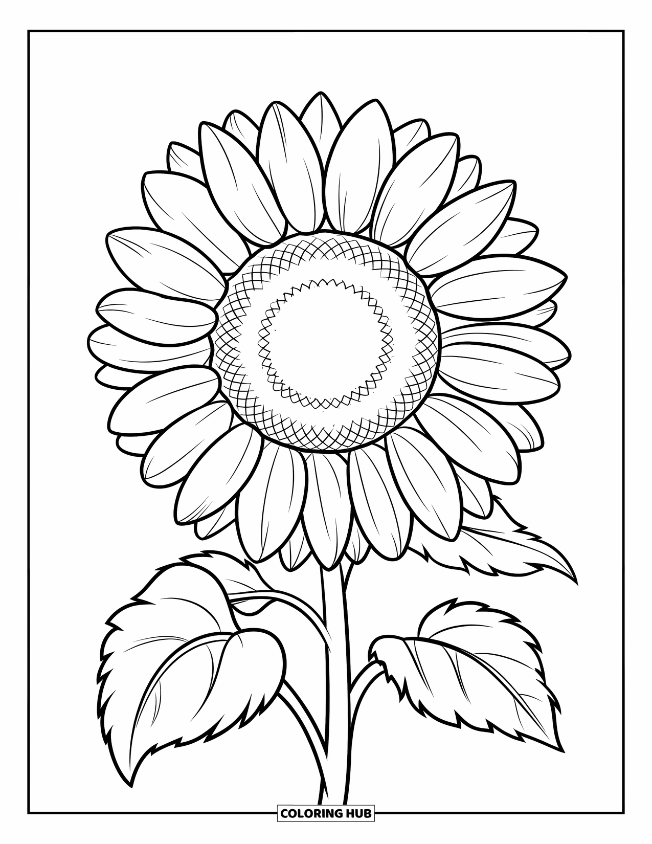 Harvest Coloring Page for Kids: A single big sunflower with thick petals and a sturdy stem stands tall