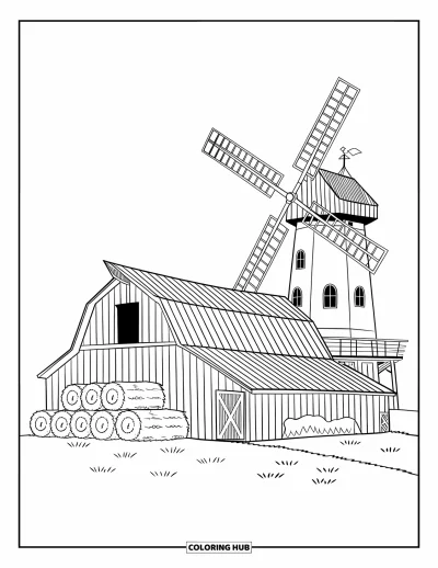 Coloriage de récolte pour enfants : Une grange au toit incliné avec des bottes de foin et un grand moulin à vent sur l'herbe