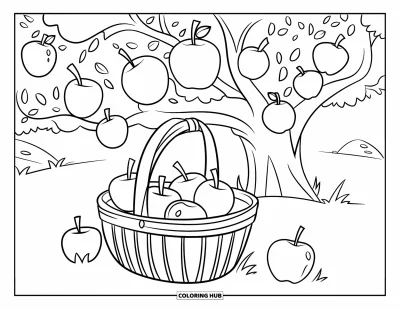 Coloriage de récolte pour enfants : Un pommier chargé avec un panier en dessous dans un champ verdoyant avec des rochers