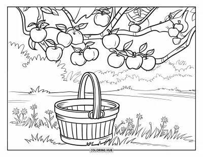 Coloriage de récolte pour enfants : Un pommier avec des pommes de toutes tailles et un panier parmi des fleurs sauvages
