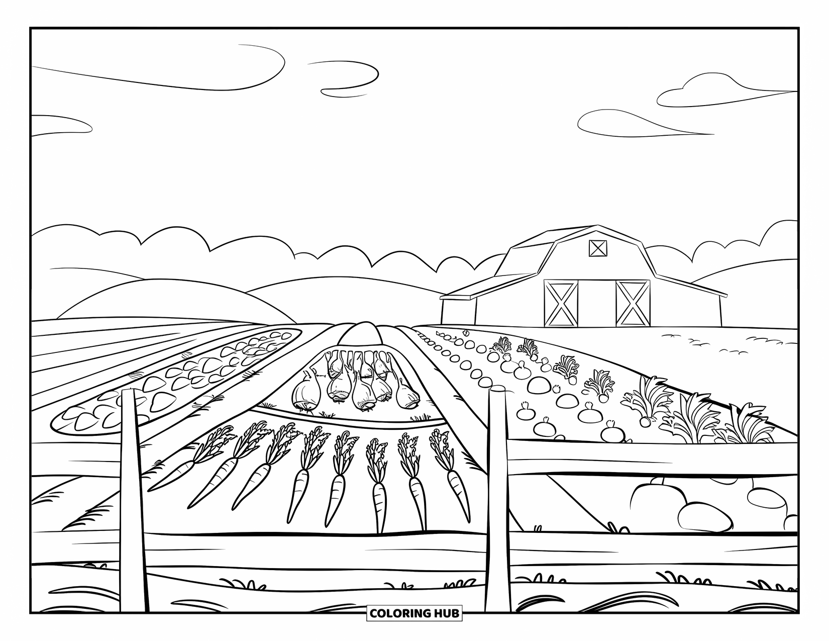 Harvest Coloring Page for Kids: A veggie field with a wooden fence and barn sits under a clear sky