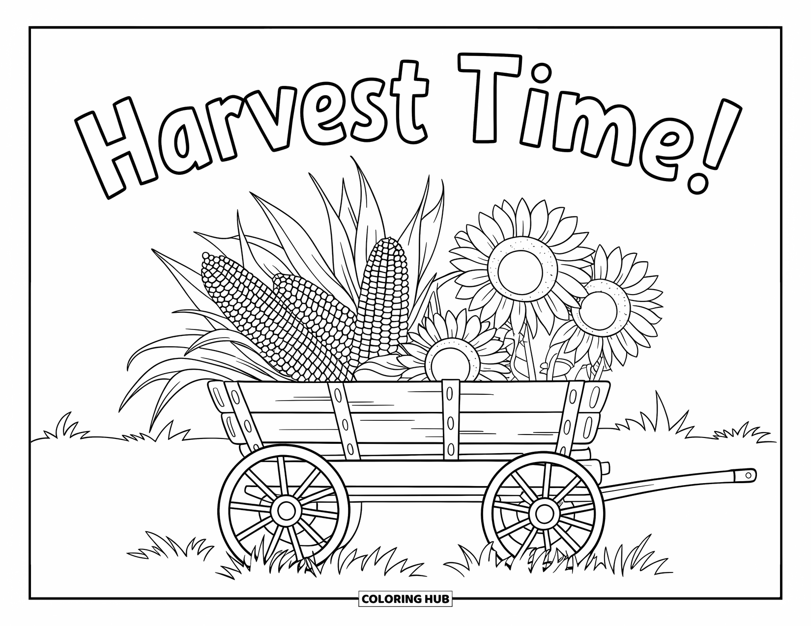 Harvest Coloring Page for Kids: A vintage wagon loaded with corn and sunflowers says "Harvest Time!" in a field