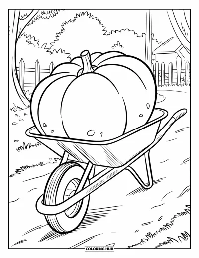 Coloriage de récolte pour enfants : Une brouette avec une grosse courge sur un chemin de terre près d'arbres et d'une clôture
