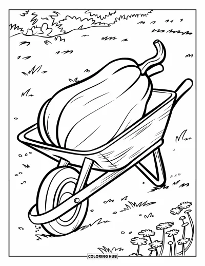 Coloriage de récolte pour enfants : Une brouette avec une grande courge dans un champ avec de petites fleurs