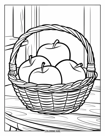 Coloriage de récolte pour enfants : Un panier en osier avec trois grandes pommes posé sur une table en bois
