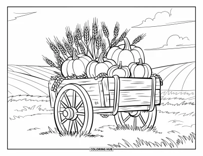 Coloriage de récolte pour enfants : Une charrette en bois chargée de blé et de citrouilles dans un champ avec des collines