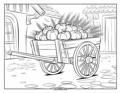 Coloriage de récolte pour enfants : Une charrette en bois chargée de blé et de citrouilles devant un charmant bâtiment