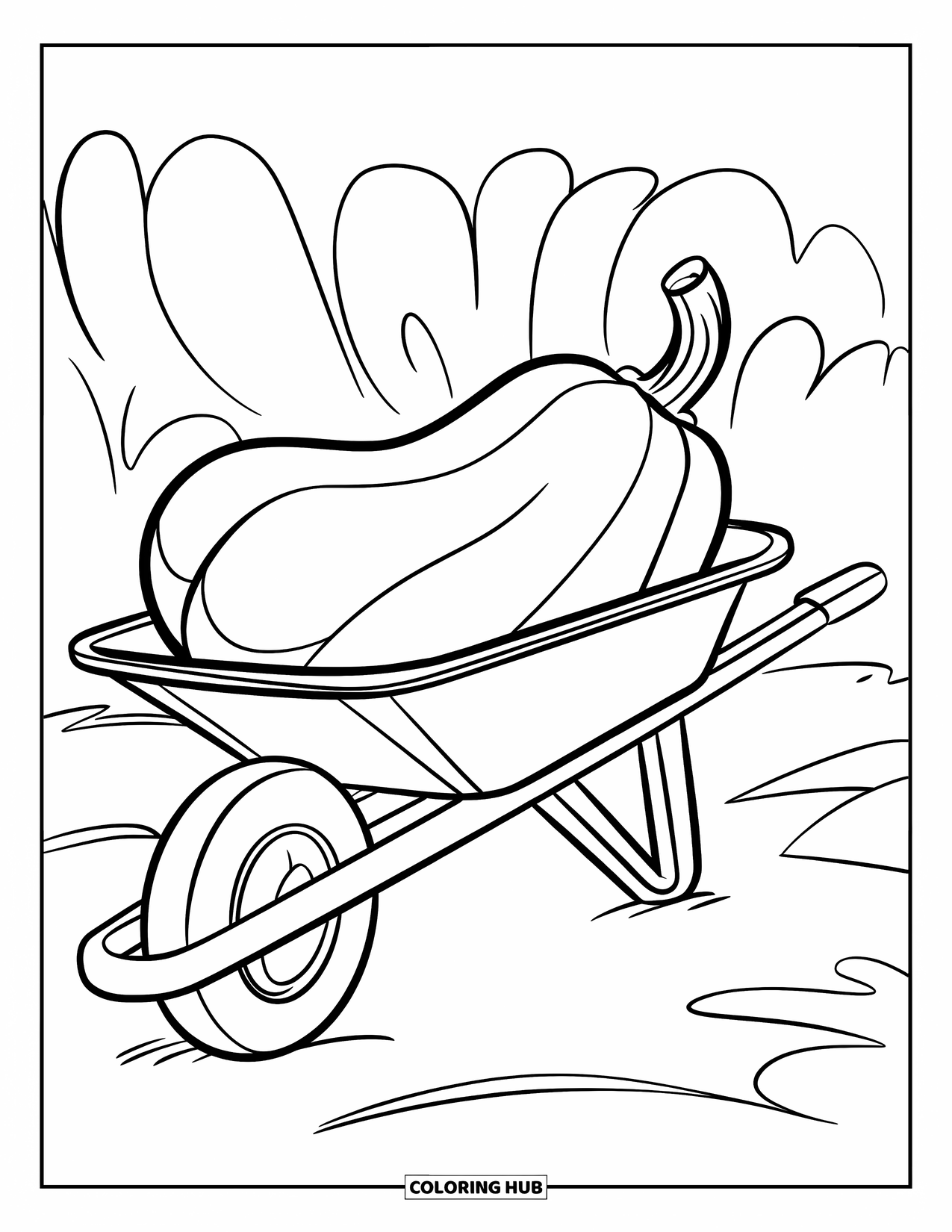 Harvest Coloring Page for Kids: A wooden wheelbarrow with a large squash rests on flat ground
