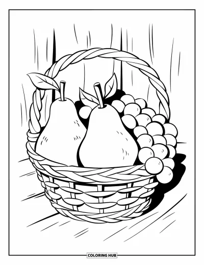 Coloriage de récolte pour enfants : Un panier tressé avec des poires et des raisins sur une base en bois