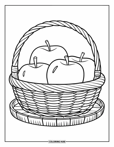 Coloriage de récolte pour enfants : Un panier tressé avec trois pommes posé sur un plateau en bois