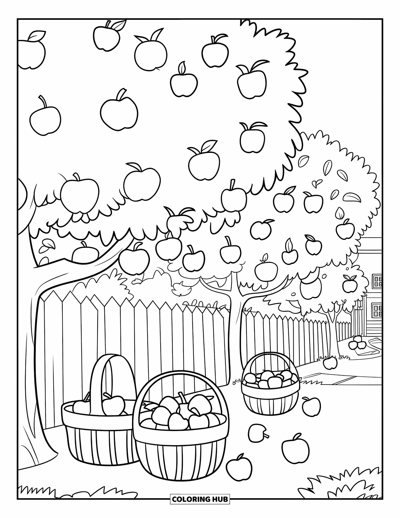 Harvest Coloring Page for Kids: Apple baskets under orchard trees with a fence and house nearby