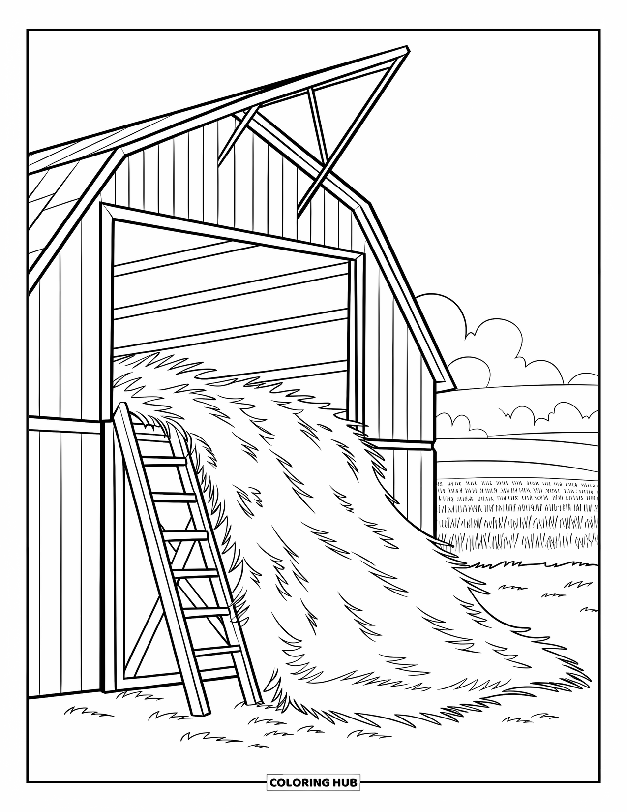 Harvest Coloring Page for Kids: Hay spills from an open loft onto the ground beside a wooden ladder