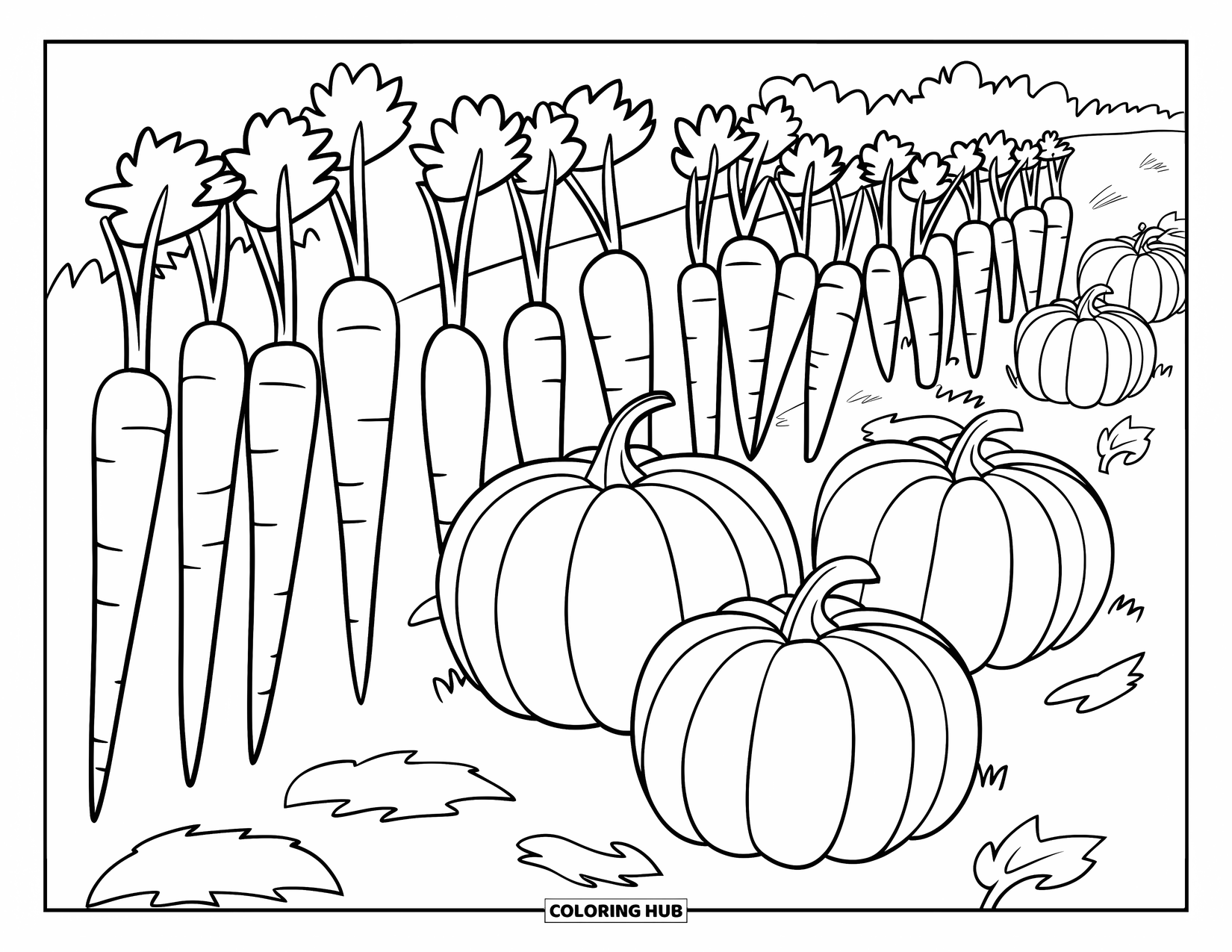 Harvest Coloring Page for Kids: Tall carrots and big pumpkins sit together with scattered leaves around them