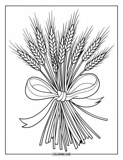 Coloriage de récolte pour enfants : Douze tiges de blé attachées avec un ruban reposent soigneusement ensemble