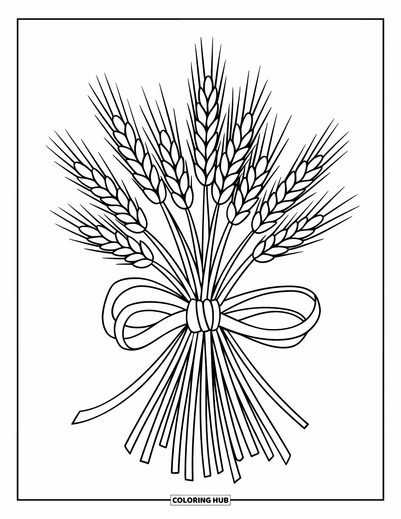 Harvest Coloring Page for Kids: Wheat stalks with small heads tied tightly with a ribbon bow