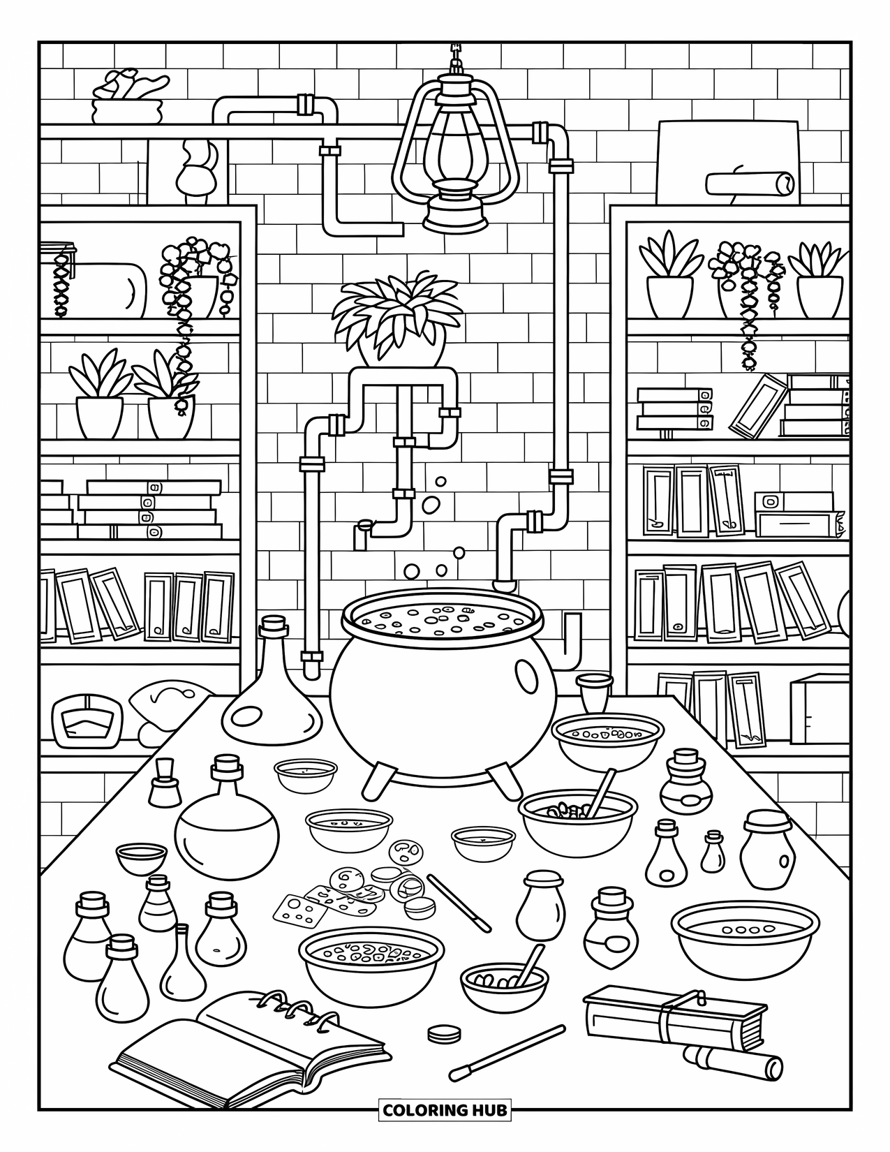 Haunted Mansion Coloring Page for Adults: A bubbling cauldron and magical ingredients cover the potion table