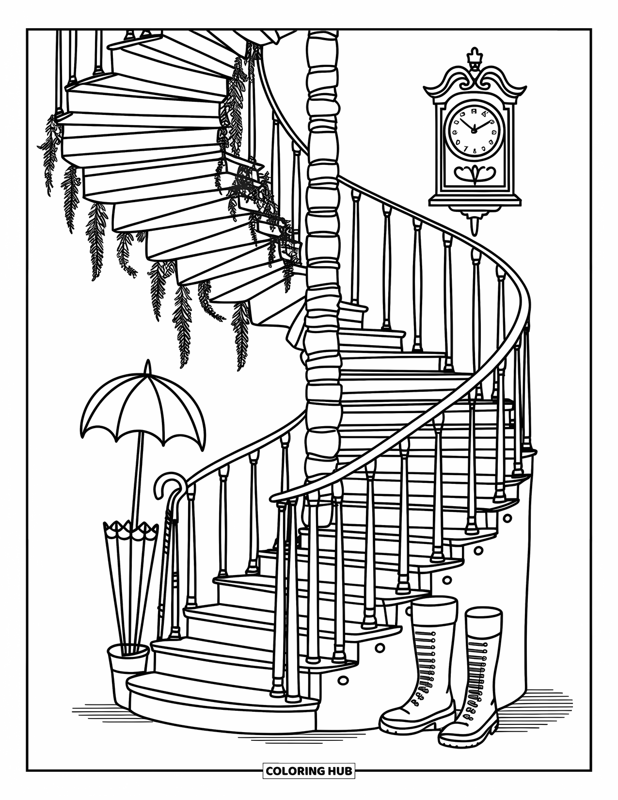 Haunted Mansion Coloring Page for Adults: A cozy stairwell winds past herbs, cobwebs, and friendly little details