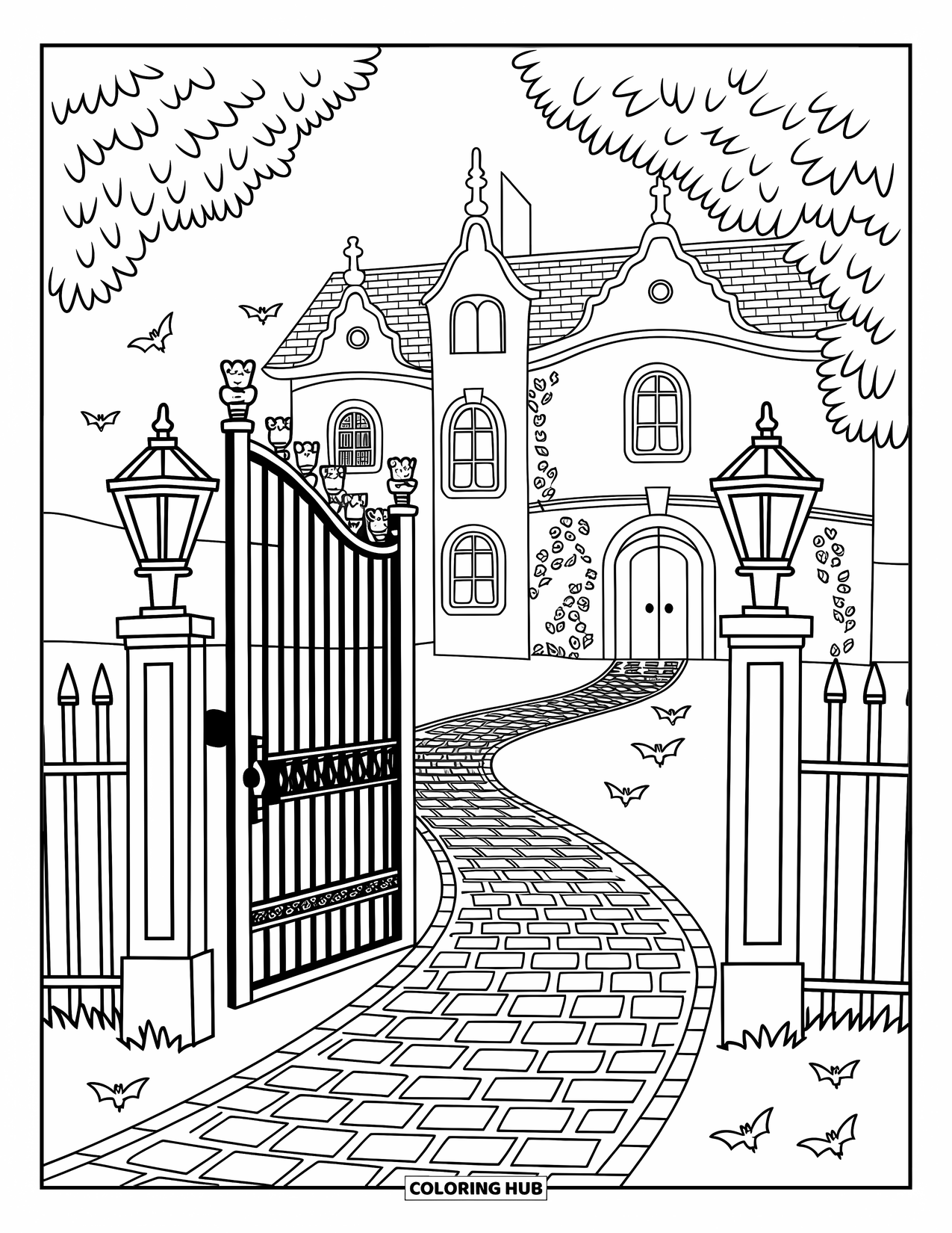 Haunted Mansion Coloring Page for Adults: A curvy mansion peeks behind a gate and cobblestone path