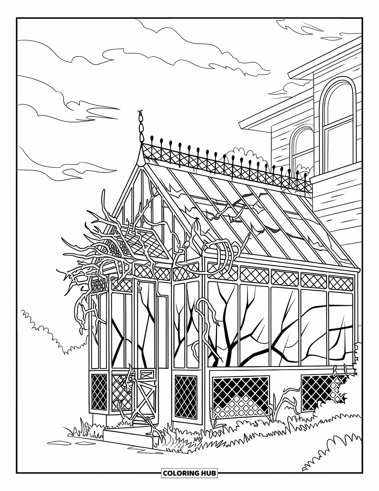 Haunted Mansion Coloring Page for Adults: A haunted greenhouse with cracked glass is covered in twisting vines