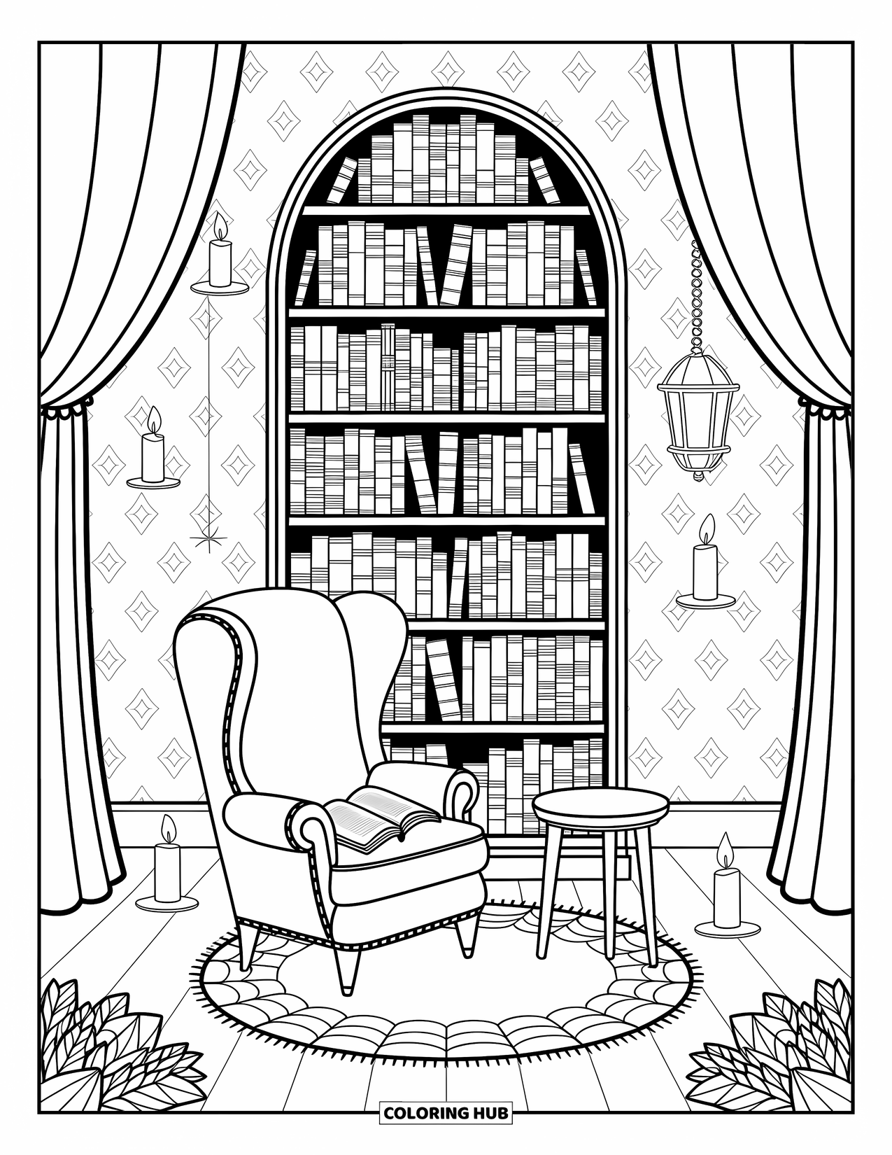 Haunted Mansion Coloring Page for Adults: A spooky library nook with vintage books and flickering candles
