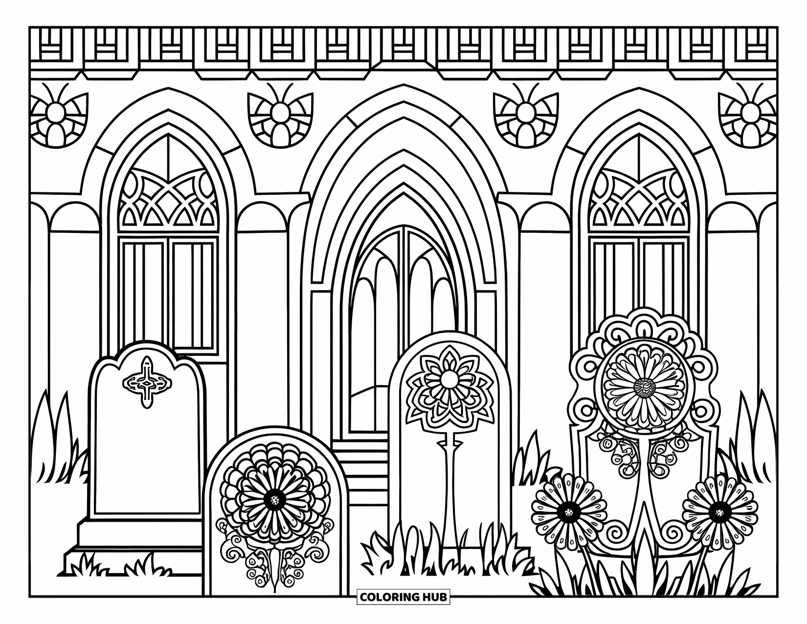 Haunted Mansion Coloring Page for Adults: Arched mansion windows overlook detailed Victorian grave markers in the dark