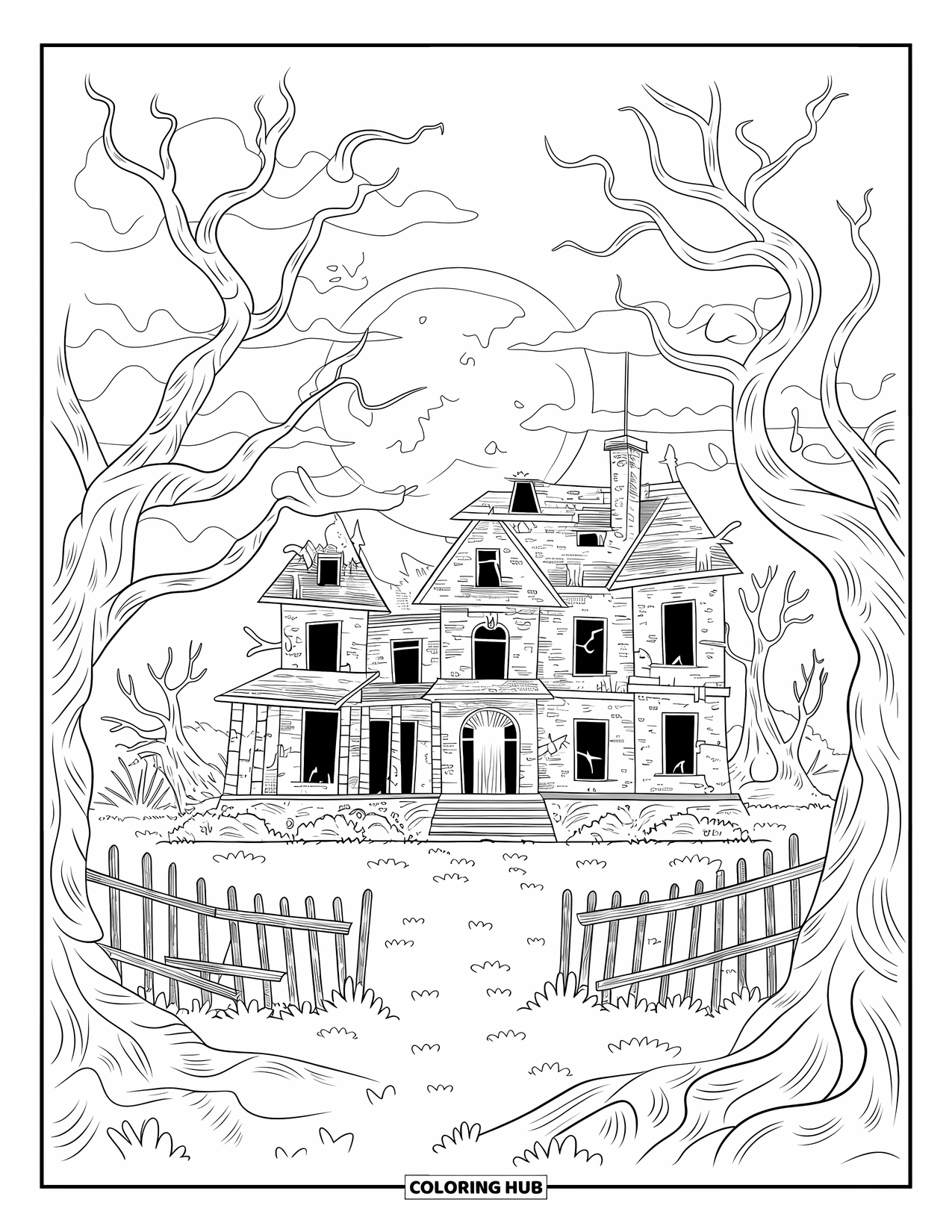 Haunted Mansion Coloring Page for Adults: Broken windows and gnarled trees surround a haunted mansion landscape