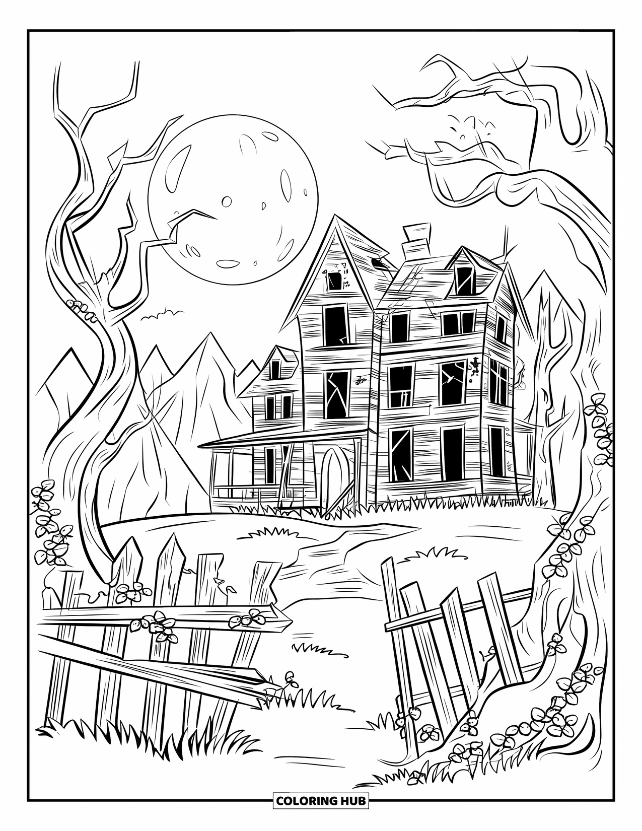 Haunted Mansion Coloring Page for Adults: Crumbled fences and crooked trees encircle a haunted mansion under moonlight