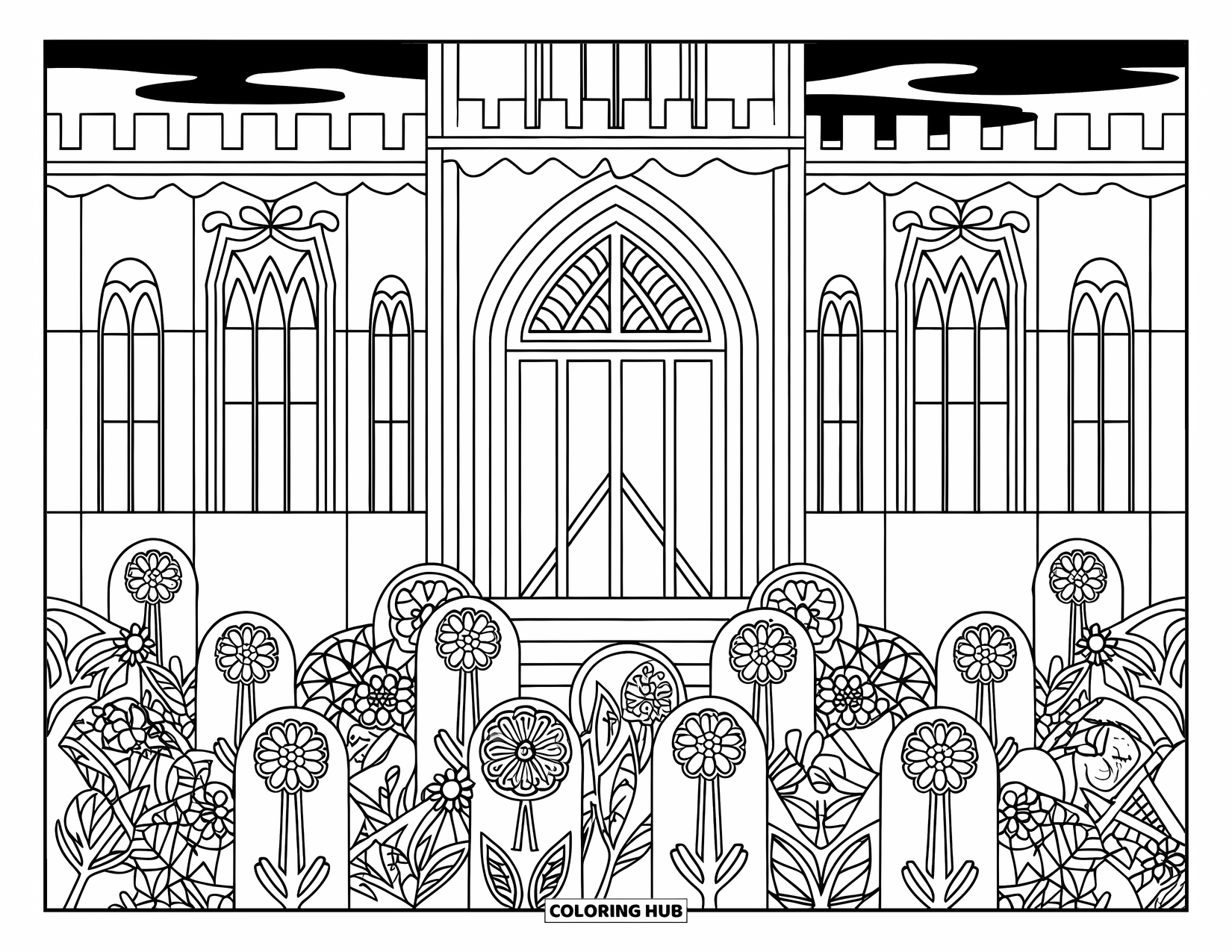 Haunted Mansion Coloring Page for Adults: Gothic mansion with tall windows sits among detailed floral grave markers