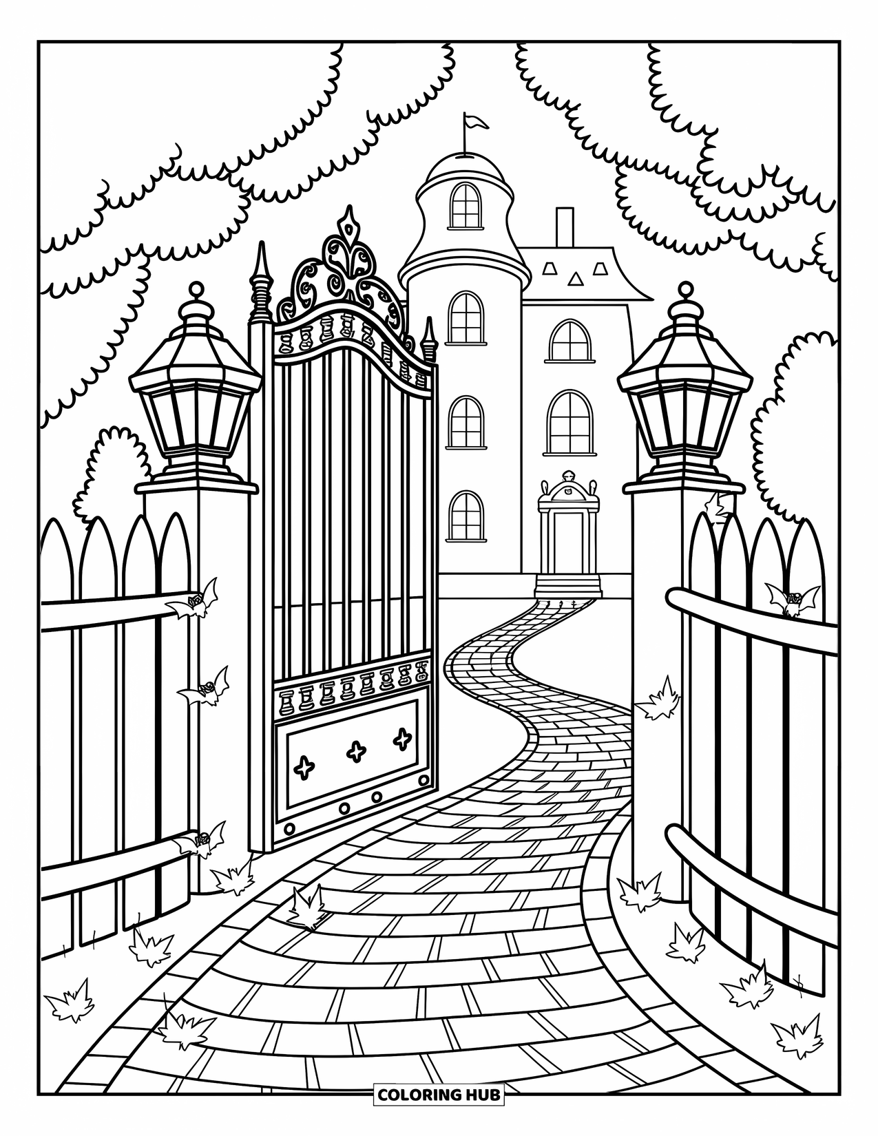 Haunted Mansion Coloring Page for Adults: Ivy-covered towers and bats greet you behind a crooked gate