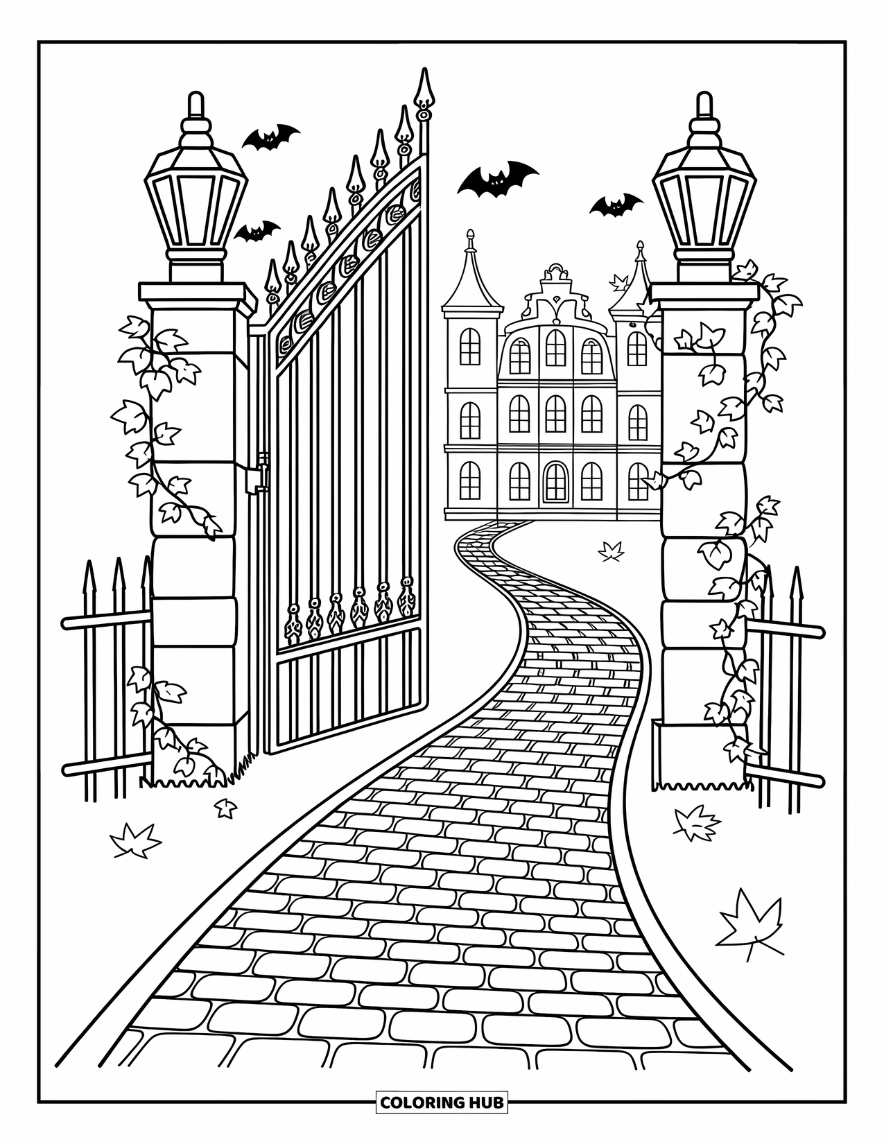Haunted Mansion Coloring Page for Adults: Lantern posts and playful bats guard a curvy-towered mansion