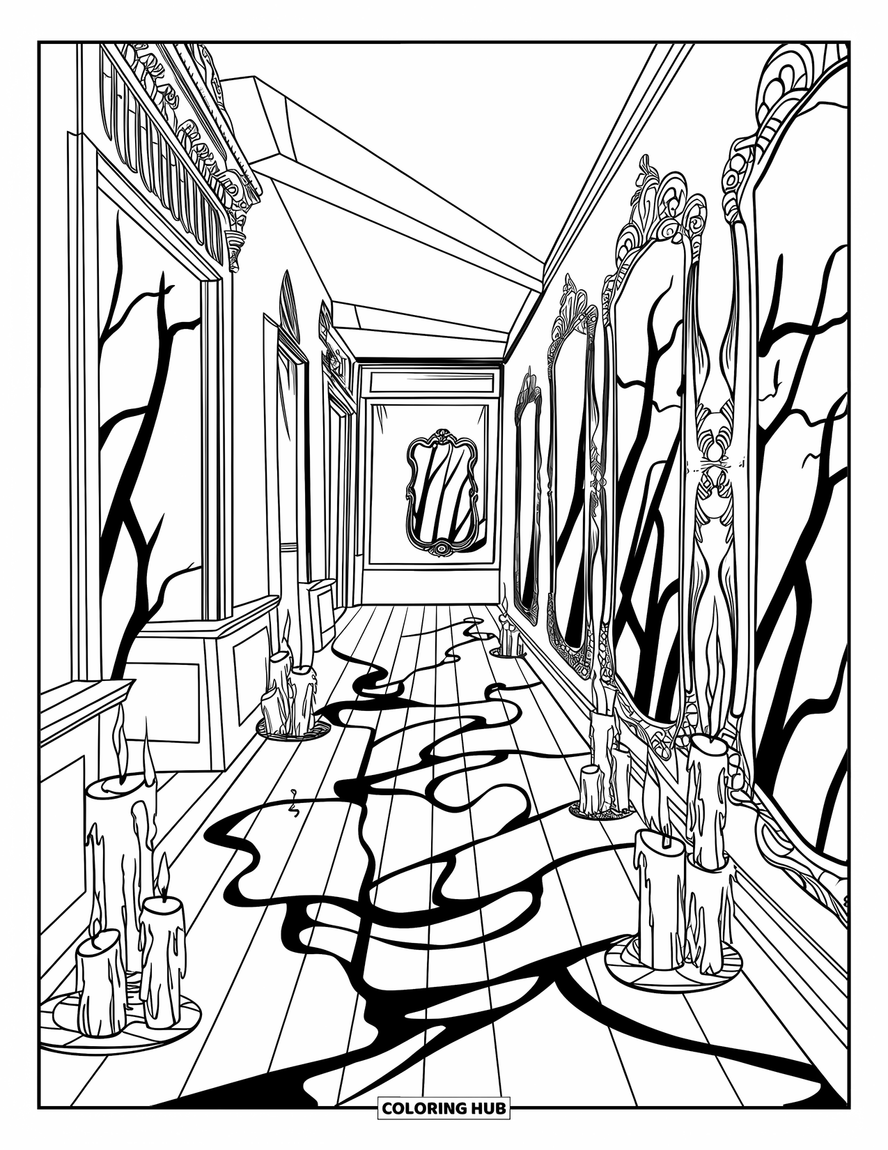 Haunted Mansion Coloring Page for Adults: Ornate mirrors and carvings line a hallway of shadows and candles