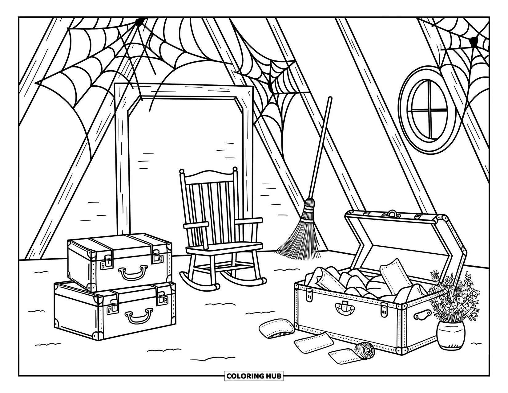 Haunted Mansion Coloring Page for Adults: Scrolls and trinkets spill from an old trunk in a web-filled attic
