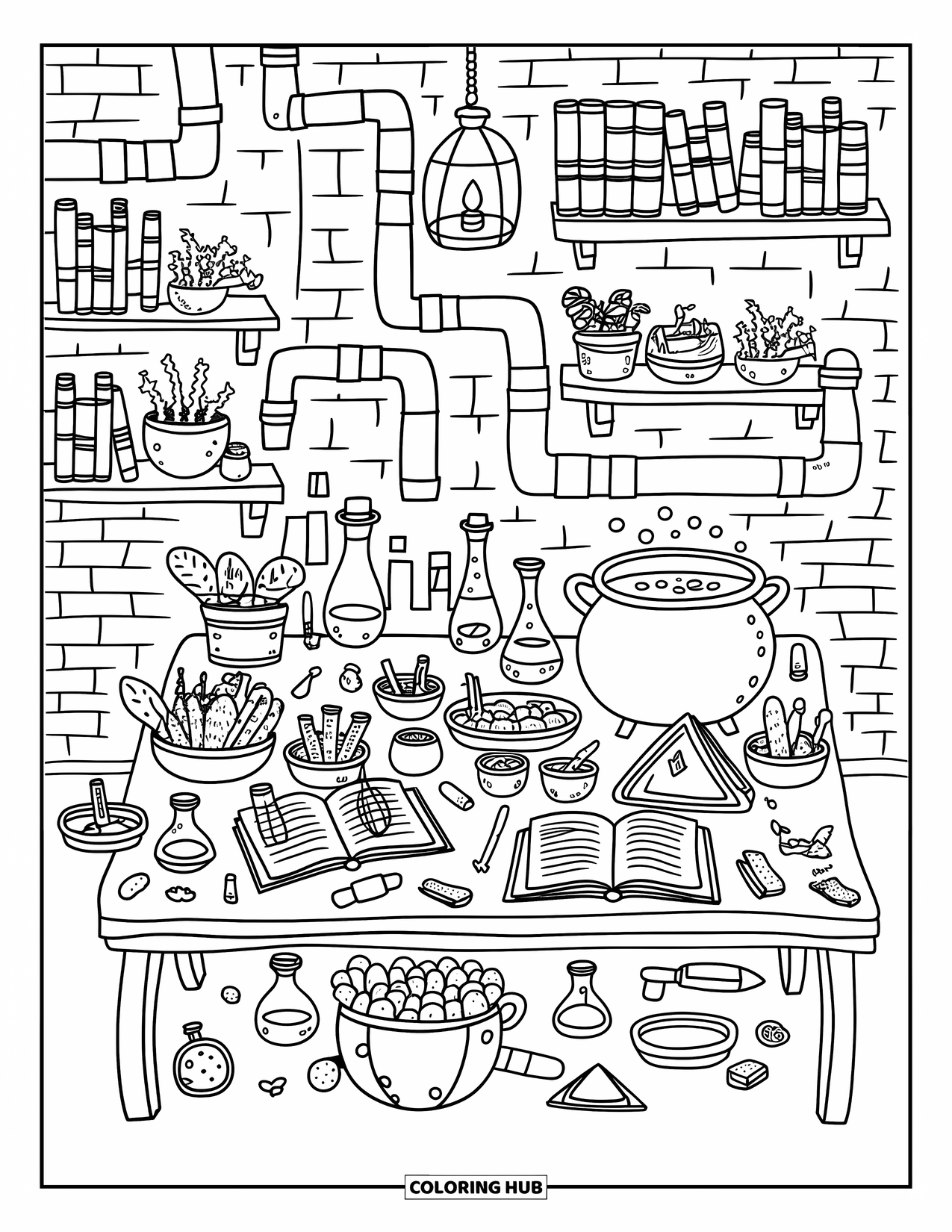 Haunted Mansion Coloring Page for Adults: Scrolls, potions, and pipes fill a warm, cozy basement lab