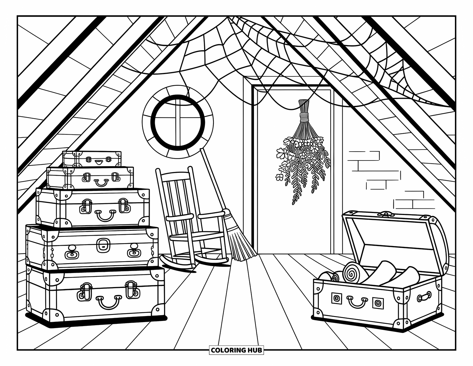 Haunted Mansion Coloring Page for Adults: Spiderwebbed attic filled with vintage suitcases, a rocking chair, and a glowing window