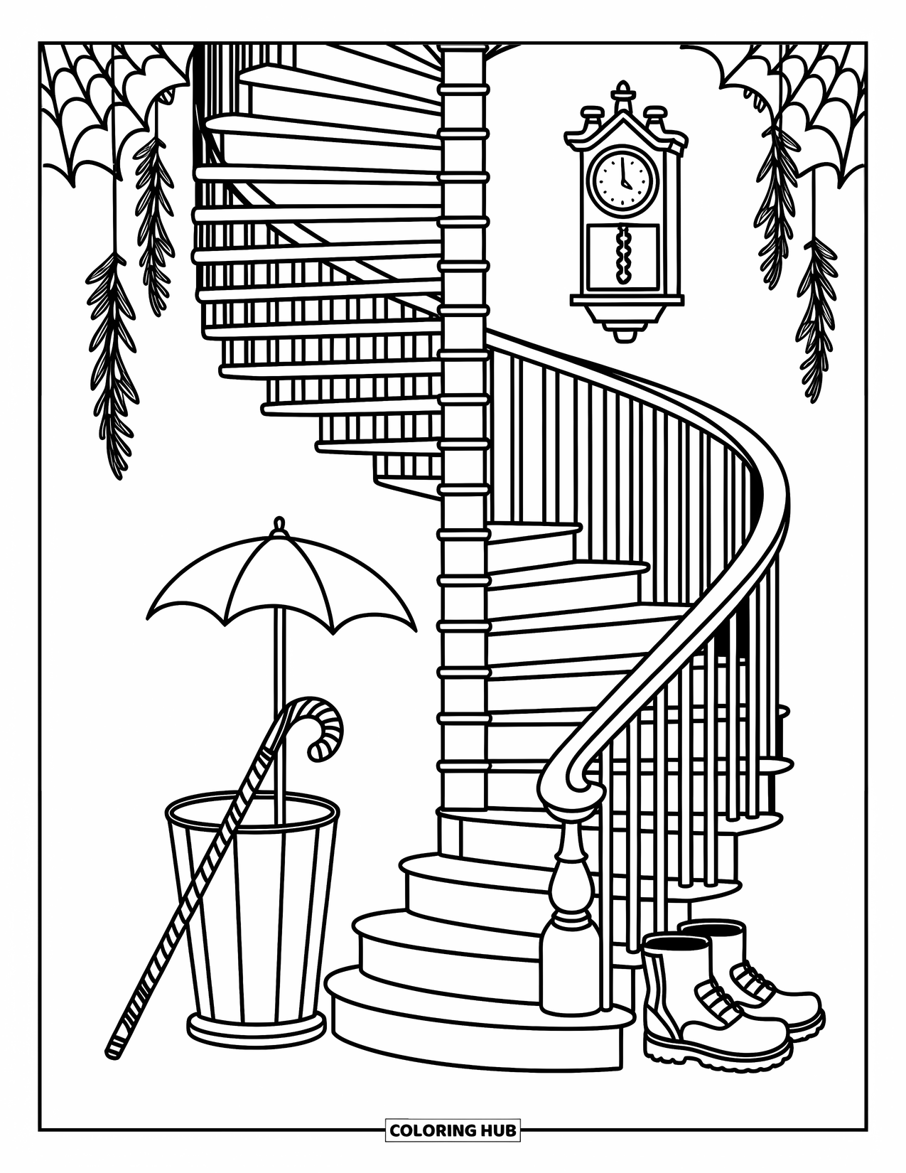 Haunted Mansion Coloring Page for Adults: Spiral stairs with boots, cobwebs, and a cozy umbrella stand