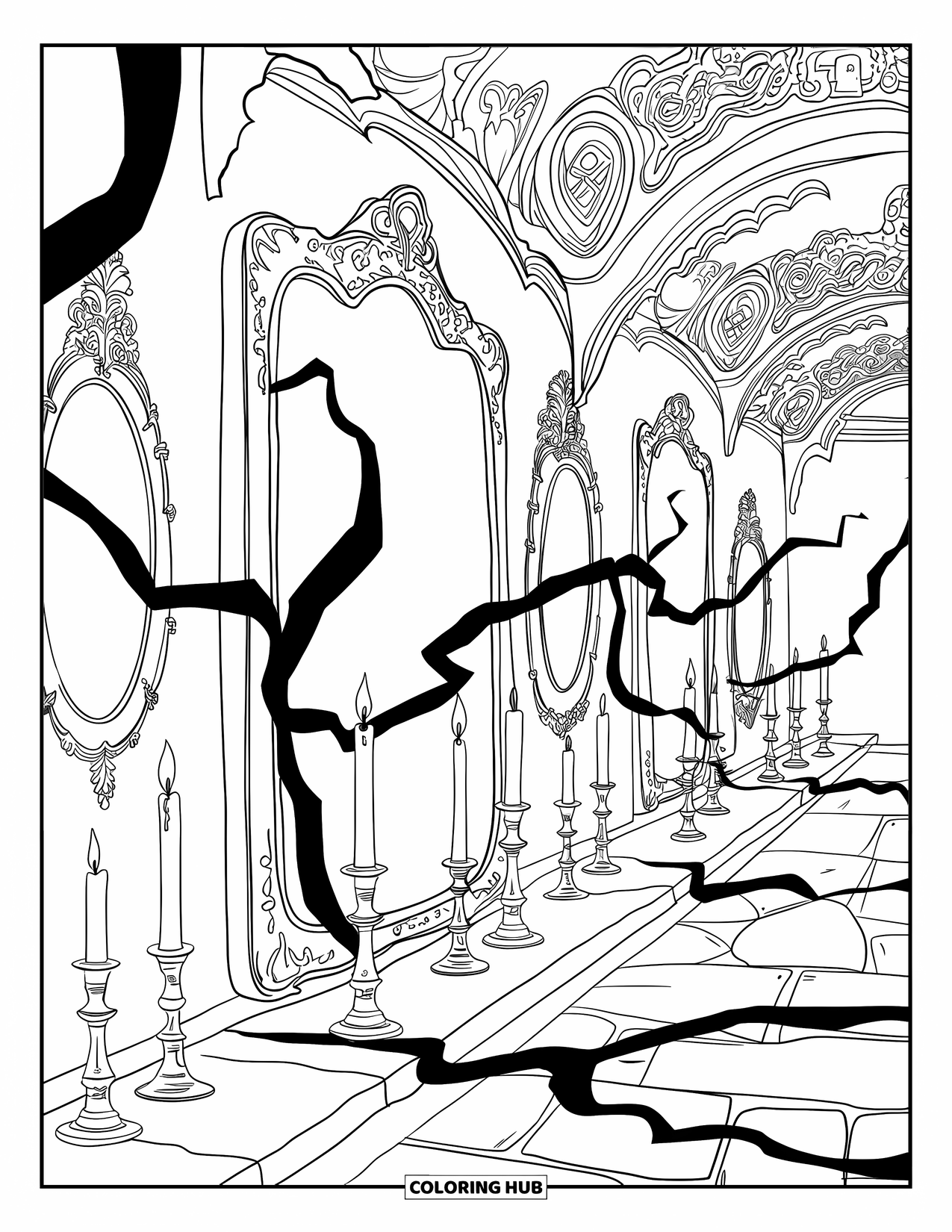 Haunted Mansion Coloring Page for Adults: Stone floors and mirrors fill a hallway of candlelight and shadows