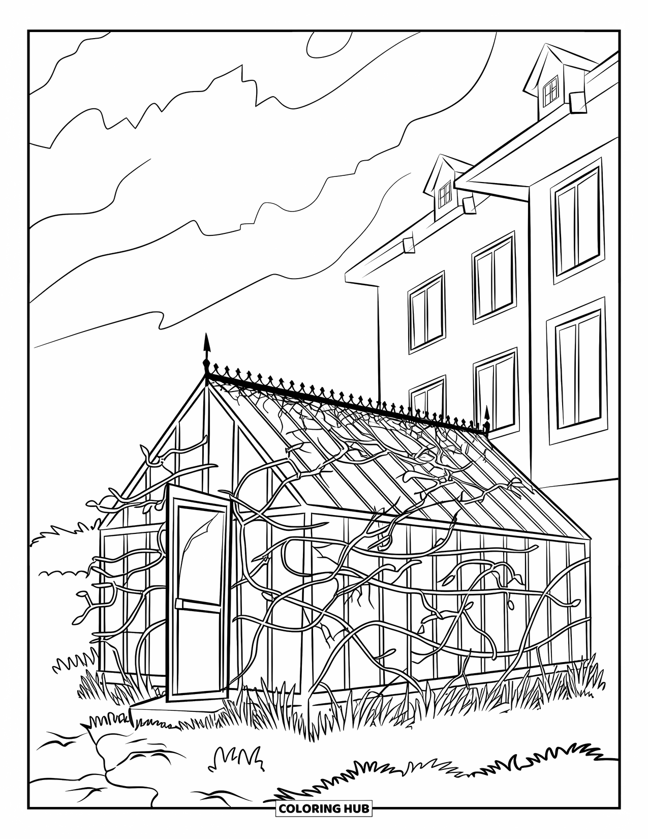 Haunted Mansion Coloring Page for Adults: Stormy skies loom over a vine-covered haunted greenhouse