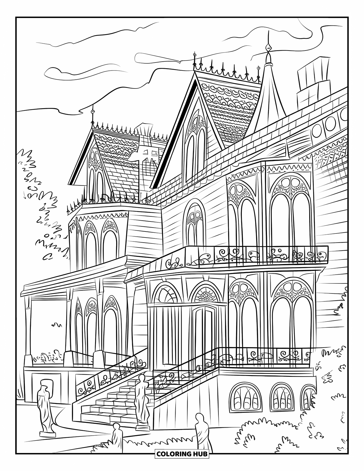 Haunted Mansion Coloring Page for Adults: Victorian mansion with gothic windows rises behind garden statues and trees