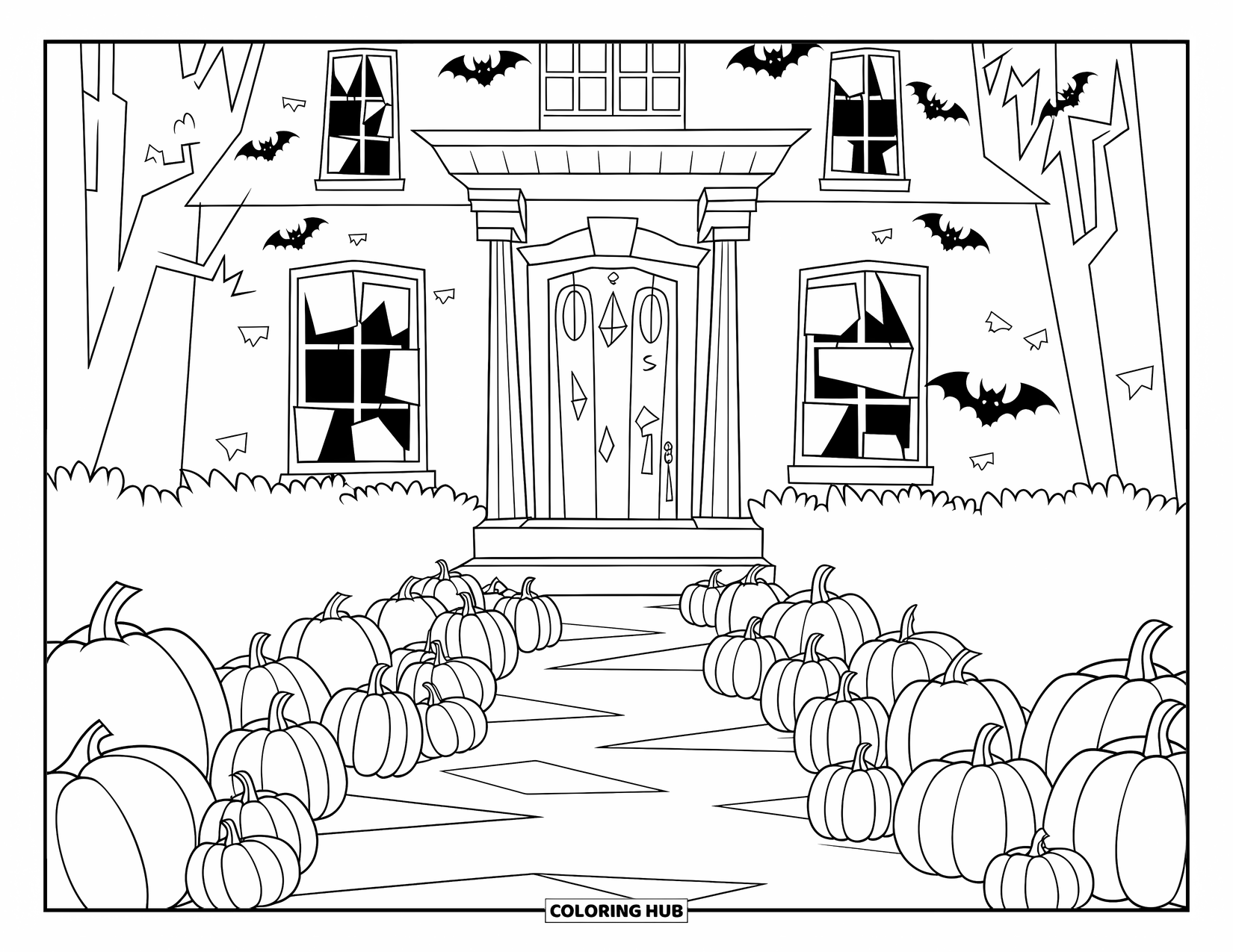 Haunted Mansion Coloring Page for Kids: Creepy mansion with broken windows, bats, and a walkway lined with pumpkins