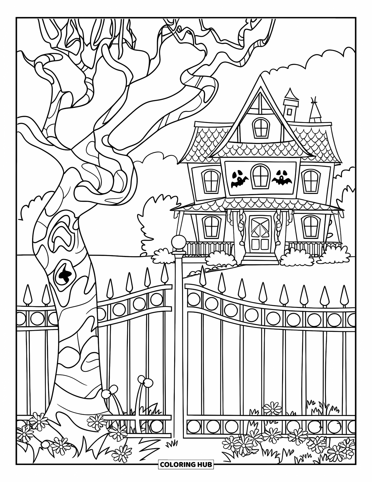 Haunted Mansion Coloring Page for Kids: Crooked tree and iron fence surround a spooky house with yellow flowers on the ground