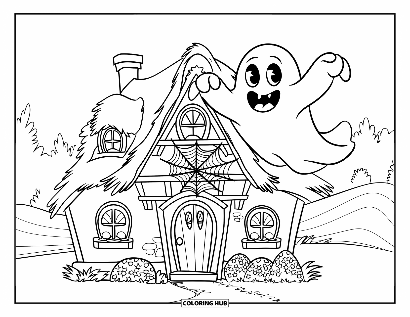 Haunted Mansion Coloring Page for Kids: Friendly ghost floats above a cozy haunted cottage with flowers and a pointy hat