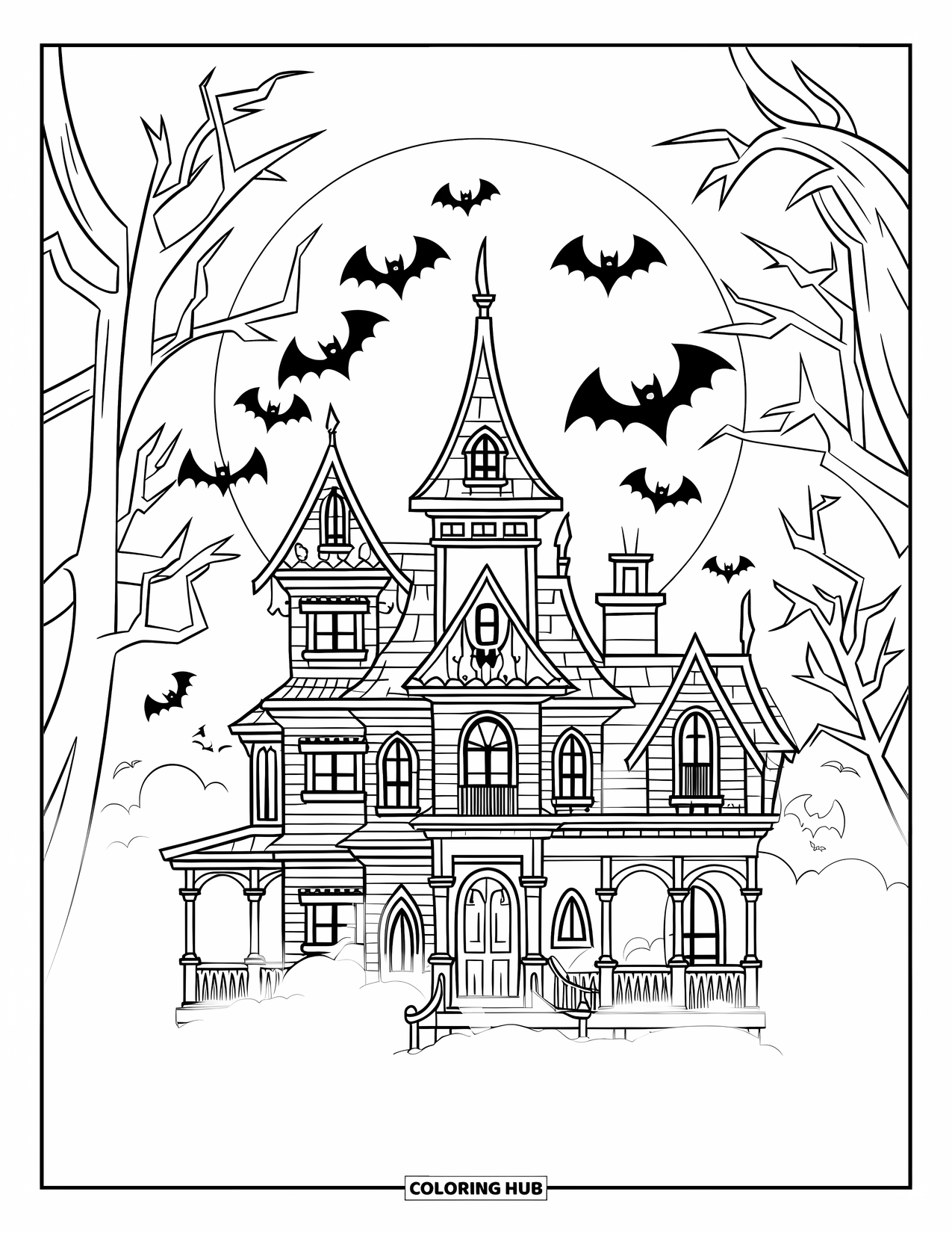 Haunted Mansion Coloring Page for Kids: Full moon behind a gothic mansion with bats and pointed towers