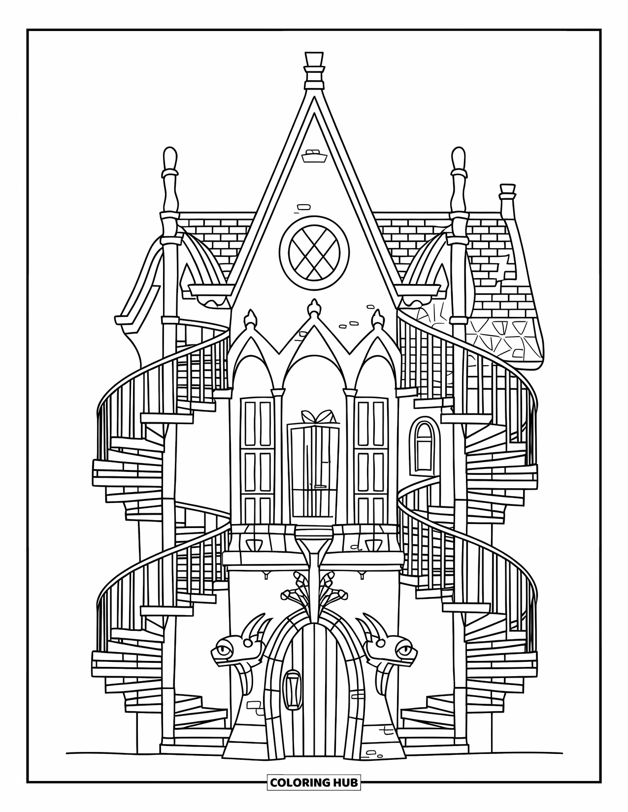 Haunted Mansion Coloring Page for Kids: Gargoyle-topped gothic mansion with spiral staircases and a hidden attic window