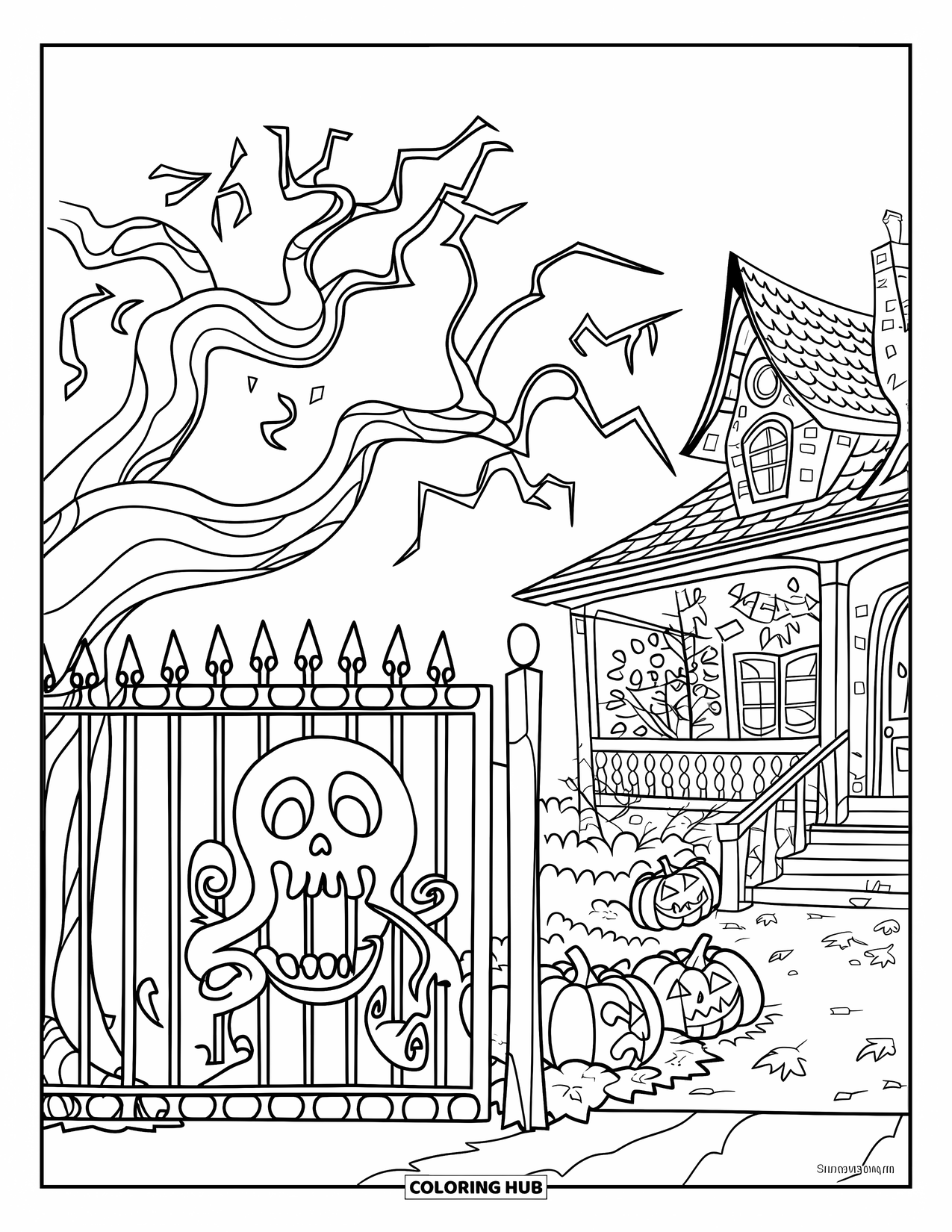 Haunted Mansion Coloring Page for Kids: Gated spooky yard with jack-o'-lanterns and crooked trees in front of a haunted house
