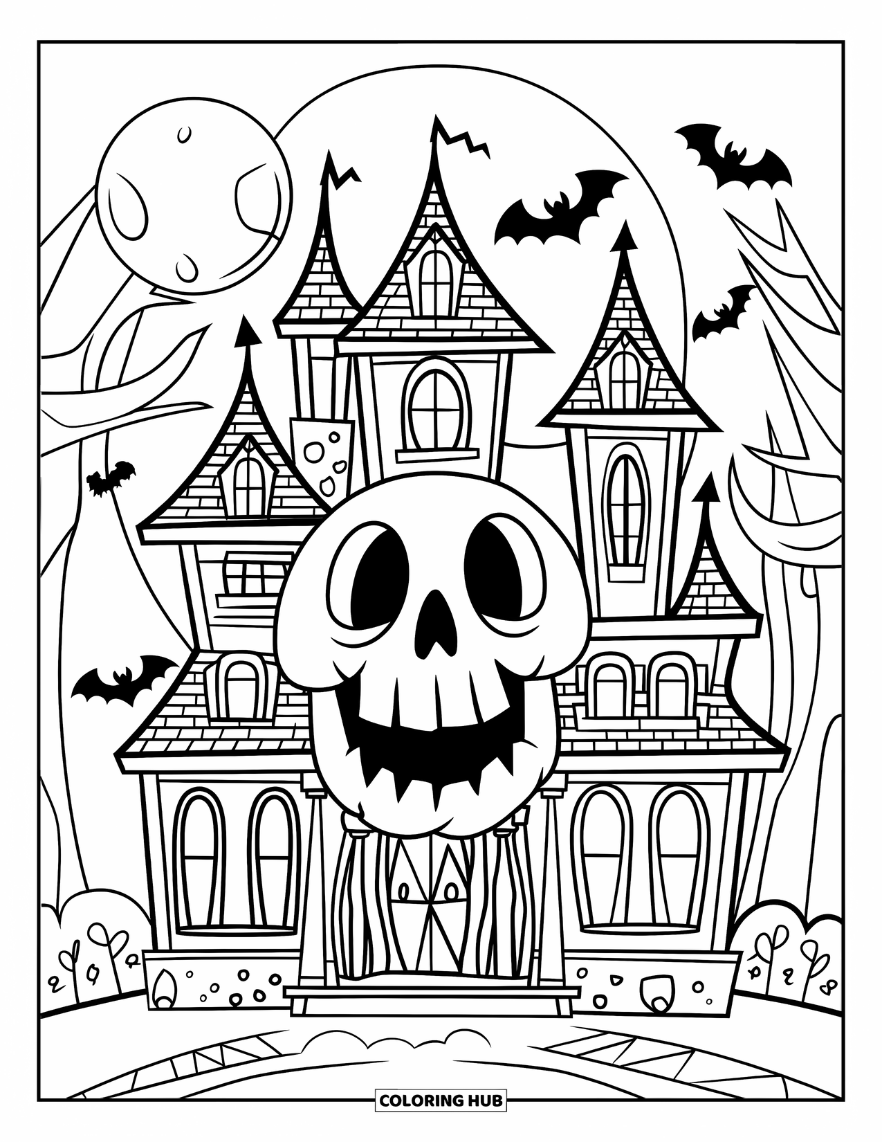 Haunted Mansion Coloring Page for Kids: Grinning skull decorates a spooky mansion with bats and a bright full moon