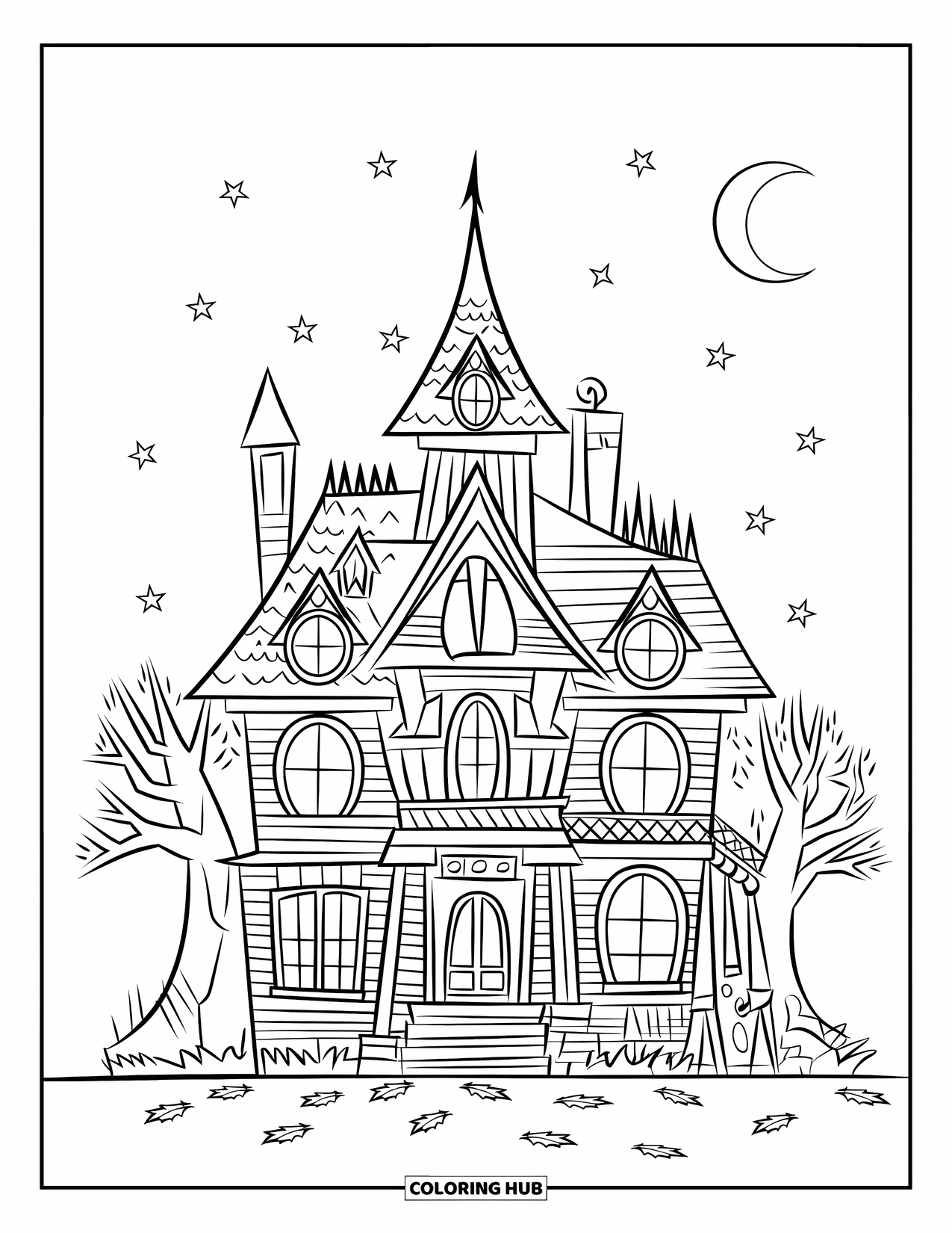 Haunted Mansion Coloring Page for Kids: Haunted mansion with chimneys, spooky trees, and a crescent moon in a clear sky